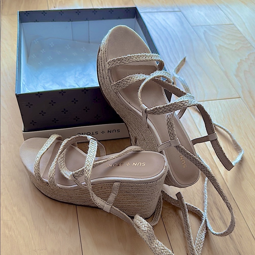 Sun + Stone Tan Wedges Intricate Strap Design